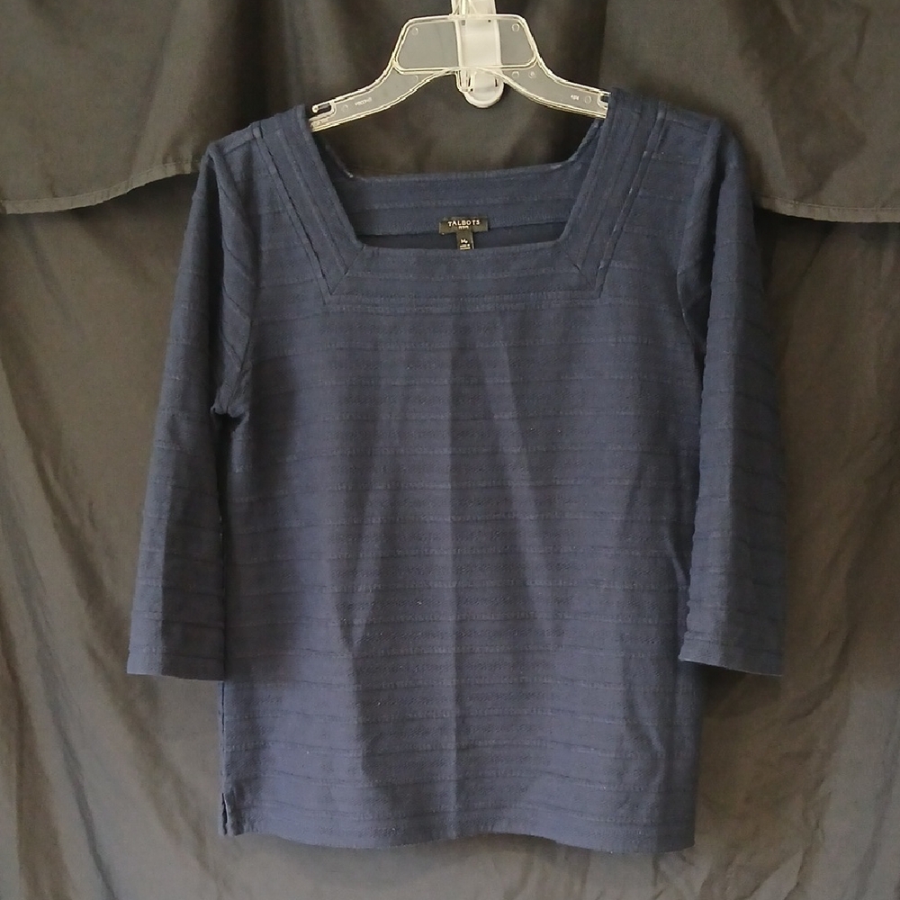 Talbots Navy Textured Square-Neck 3/4 Sleeve Top SZ Mp